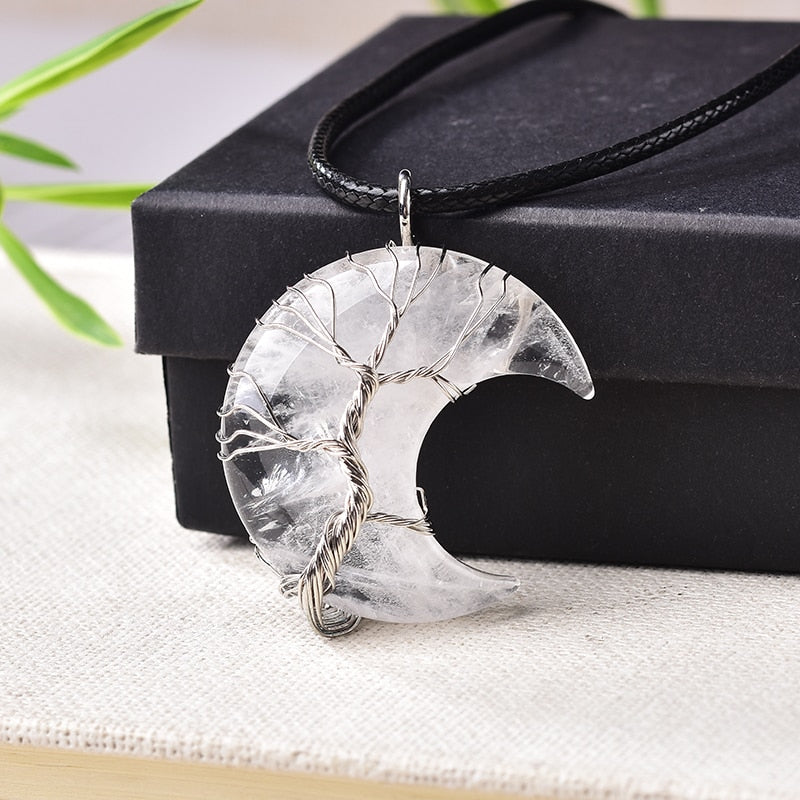 Natural Crystal Pendant Tree Of Life Moon Shape Healing Stone