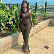 Load image into Gallery viewer, Mesh Sheer Women Hooded Dress Sleeveless Solid Sexy Bodycon Summer Fashion Vacation Party Nightclub Coquette Vestidos
