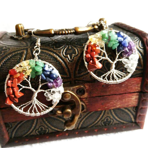Natural 7 Chakra Stone Tree of Life Earrings - AwakenYourYoniverse AwakenYourYoniverse AwakenYourYoniverse